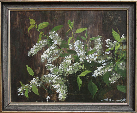 Alfejs Bromults, Bird Cherry, Oil on Cardboard