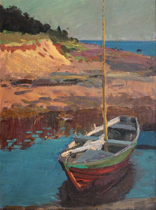 Alfejs Bromults, Boat on the River Bank, 1980, Oil on Cardboard