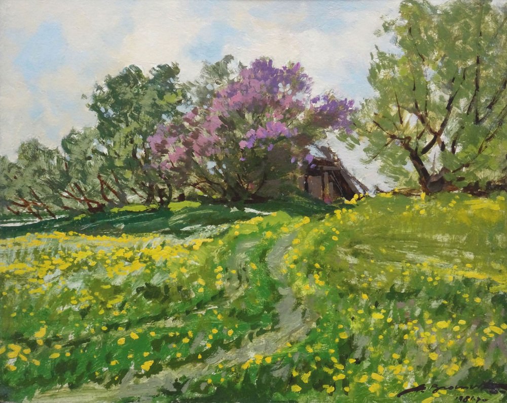 Alfejs Bromults, Dandelions Are Blooming, 1981, Oil on Cardboard