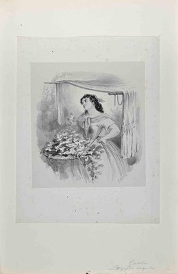 Alfred Grevin, The Lady with Flowers, Original Lithograph, Late 19th-Century-ZCI-1290363