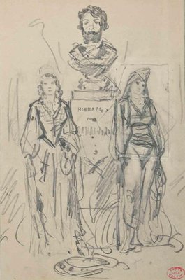 Alfred Grevin, The Statue and Women, Original Drawing, Late 19th-Century