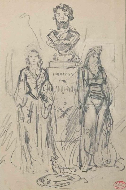 Alfred Grevin, The Statue and Women, Original Drawing, Late 19th-Century