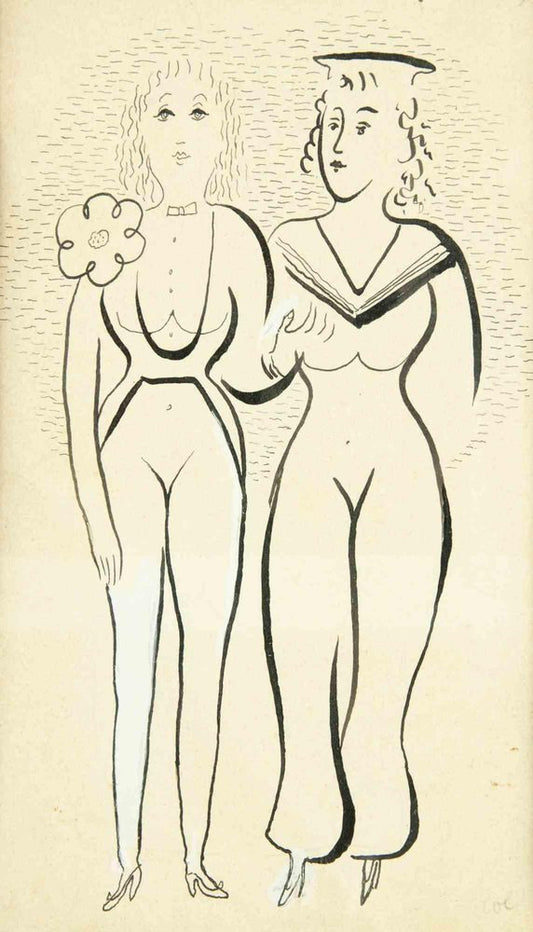 Alfredo Mezio, Two Women, Drawing, Early 20th Century