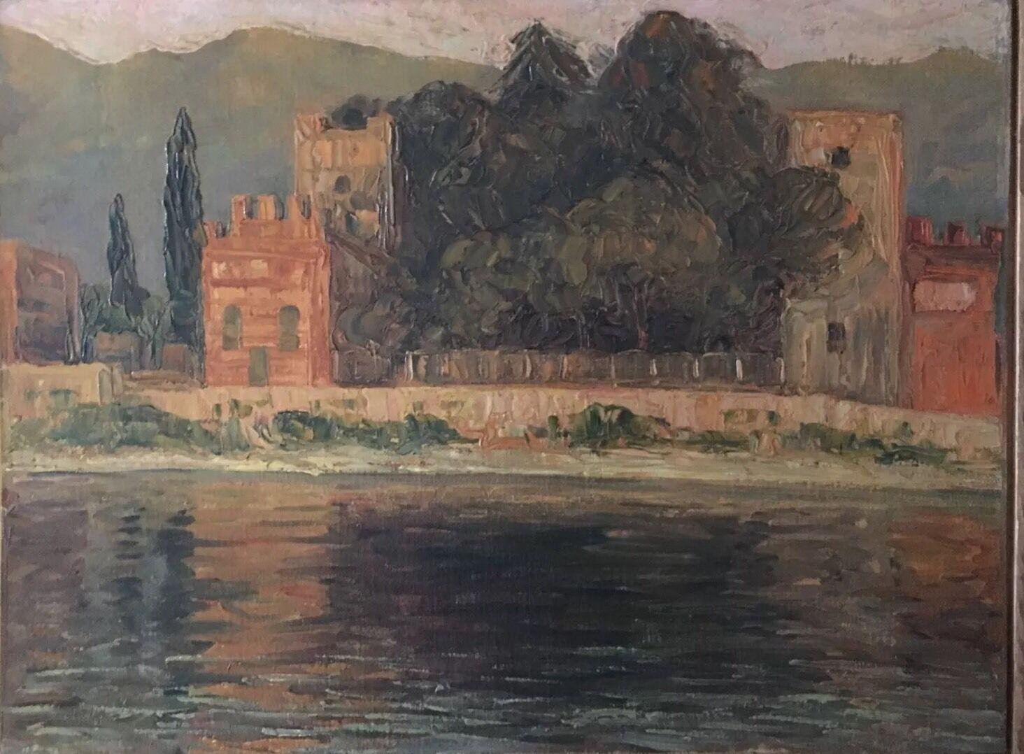 Alfredo Müller, 1869-1940, Castle on Water, Oil on Cardboard