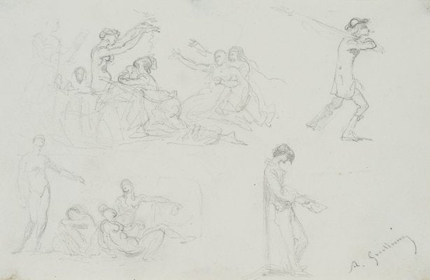 Allegorical Figures and Nudes, 19th-Century, Pencil-OJR-1273437