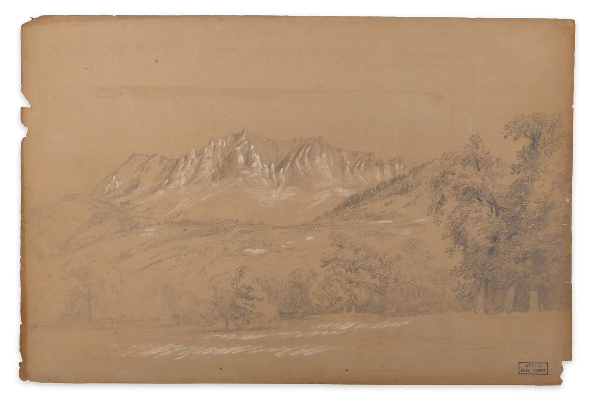 Alpine Landscape - White Chalk on Brown Paper by M.H. Yvert - Late 1800 Late 19th Century