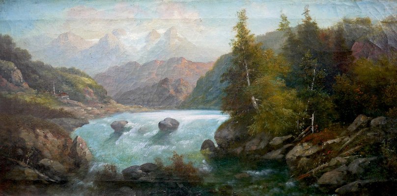 Alpine Landscape with Stream, 19th-Century, Oil on Canvas, Framed-BGS-1077892