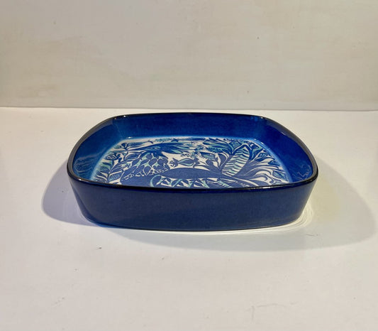 Aluminia Art Faience Dish with Blue Fantasy Bird by Marianne Johnson, 1960s