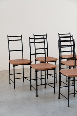 Aluminium & Brown Leather Dining Chairs from Ycami, 1980s, Set of 6-KNM-840602