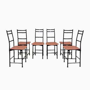 Aluminium & Brown Leather Dining Chairs from Ycami, 1980s, Set of 6-KNM-840602