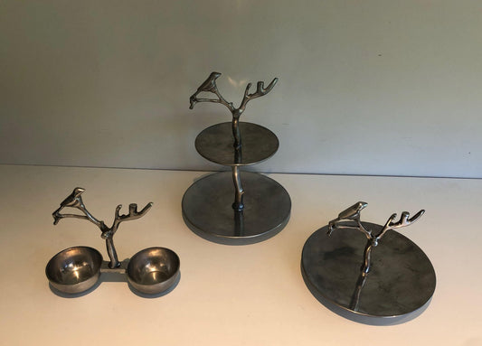 Aluminum Service Pieces with Bird Decorations and Branches, 1970s, Set of 3