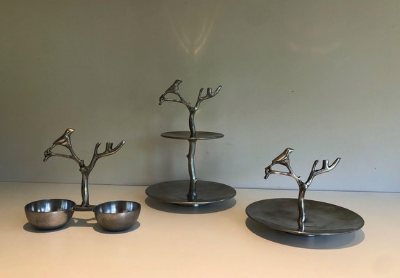 Aluminum Service Pieces with Bird Decorations and Branches, 1970s, Set of 3-BA-1458014