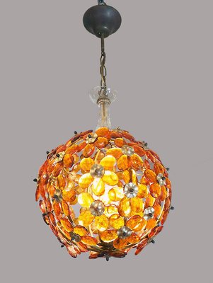 Amber and Brass Chandelier with Crystal Flowers from Maison Bagues, 1950s, France-DEK-932539