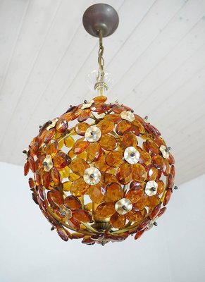 Amber and Brass Chandelier with Crystal Flowers from Maison Bagues, 1950s, France-DEK-932539