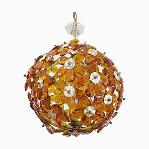 Amber and Brass Chandelier with Crystal Flowers from Maison Bagues, 1950s, France-DEK-932539