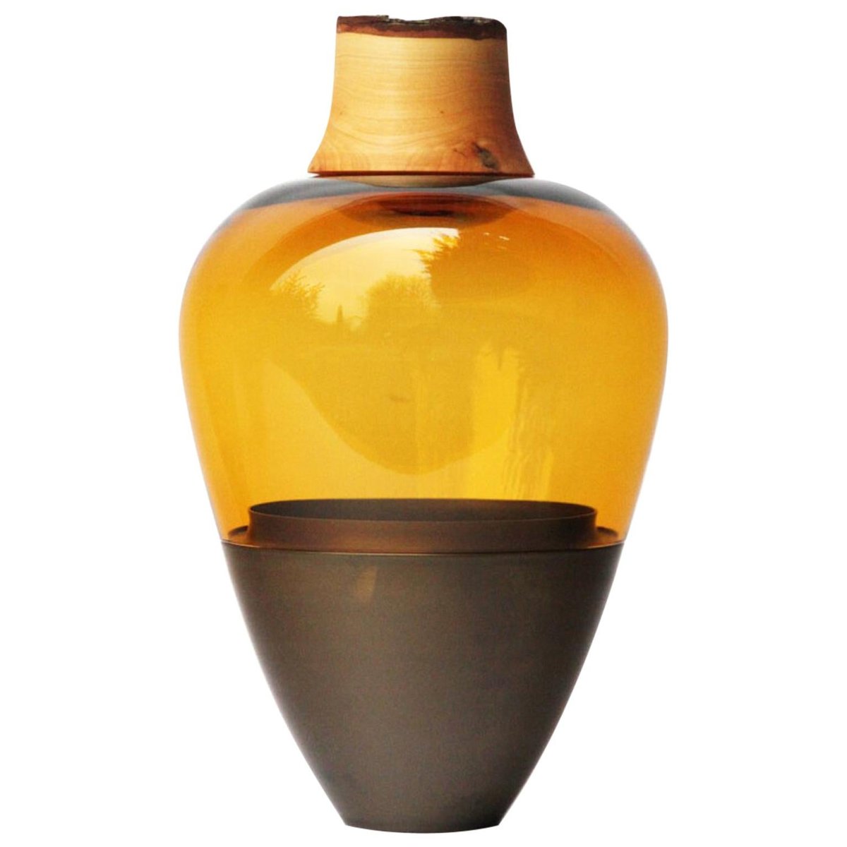 Amber and Patinated Brass Sculpted Vase in Blown Glass by Pia Wüstenberg