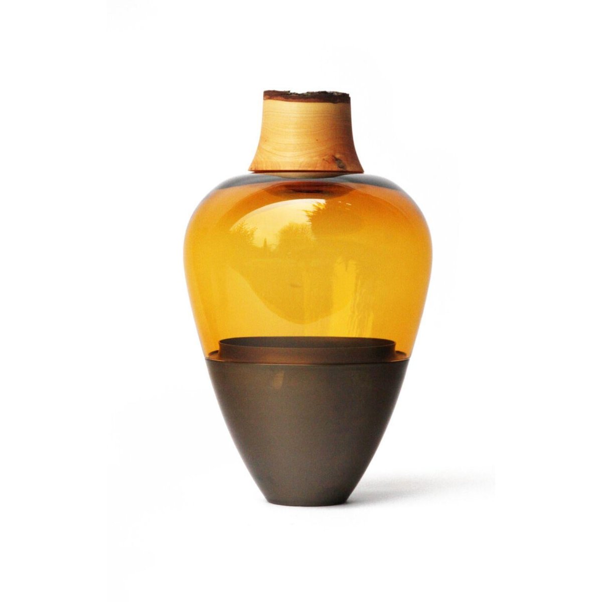 Amber and Patinated Brass Sculpted Vase in Blown Glass by Pia Wüstenberg