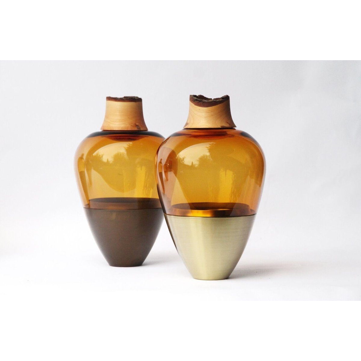 Amber and Patinated Brass Sculpted Vase in Blown Glass by Pia Wüstenberg