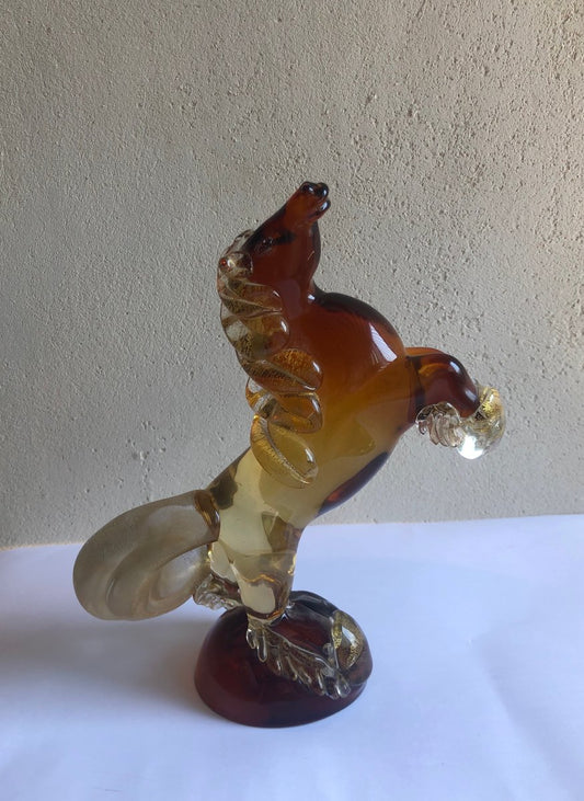 Amber and Transparent Murano Glass Prancing Horse Sculpture with Gold Leaf by Archimede Seguso for Seguso Vetri d'Arte, 1940s