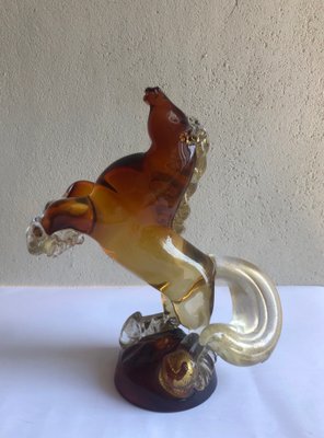 Amber and Transparent Murano Glass Prancing Horse Sculpture with Gold Leaf by Archimede Seguso for Seguso Vetri d'Arte, 1940s-ECV-653029