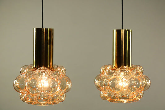 Amber Bubble Glass Pendant Lamps by Helena Tynell for Limburg, 1960s, Set of 2