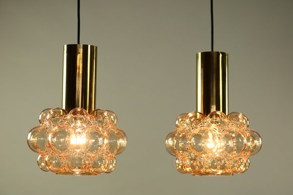 Amber Bubble Glass Pendant Lamps by Helena Tynell for Limburg, 1960s, Set of 2-FUP-657364