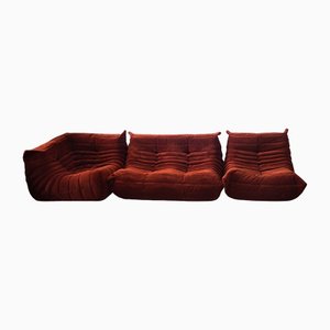 Amber Corduroy Togo Lounge Chair, Corner Chair and 2-Seat Sofa by Michel Ducaroy for Ligne Roset, Set of 3-IXA-1309666