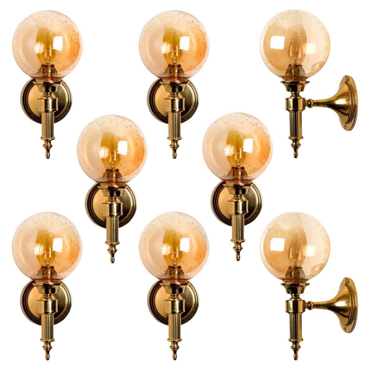 Amber Glass and Brass Wall Lamp in the style of Glashütte Limburg, 1975