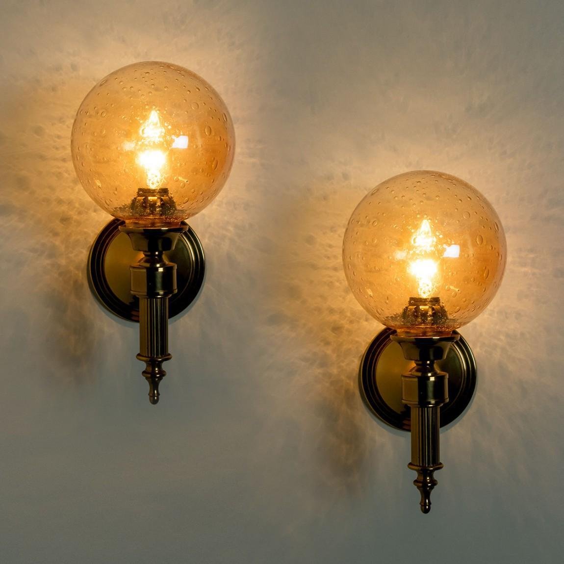 Amber Glass and Brass Wall Lamp in the style of Glashütte Limburg, 1975