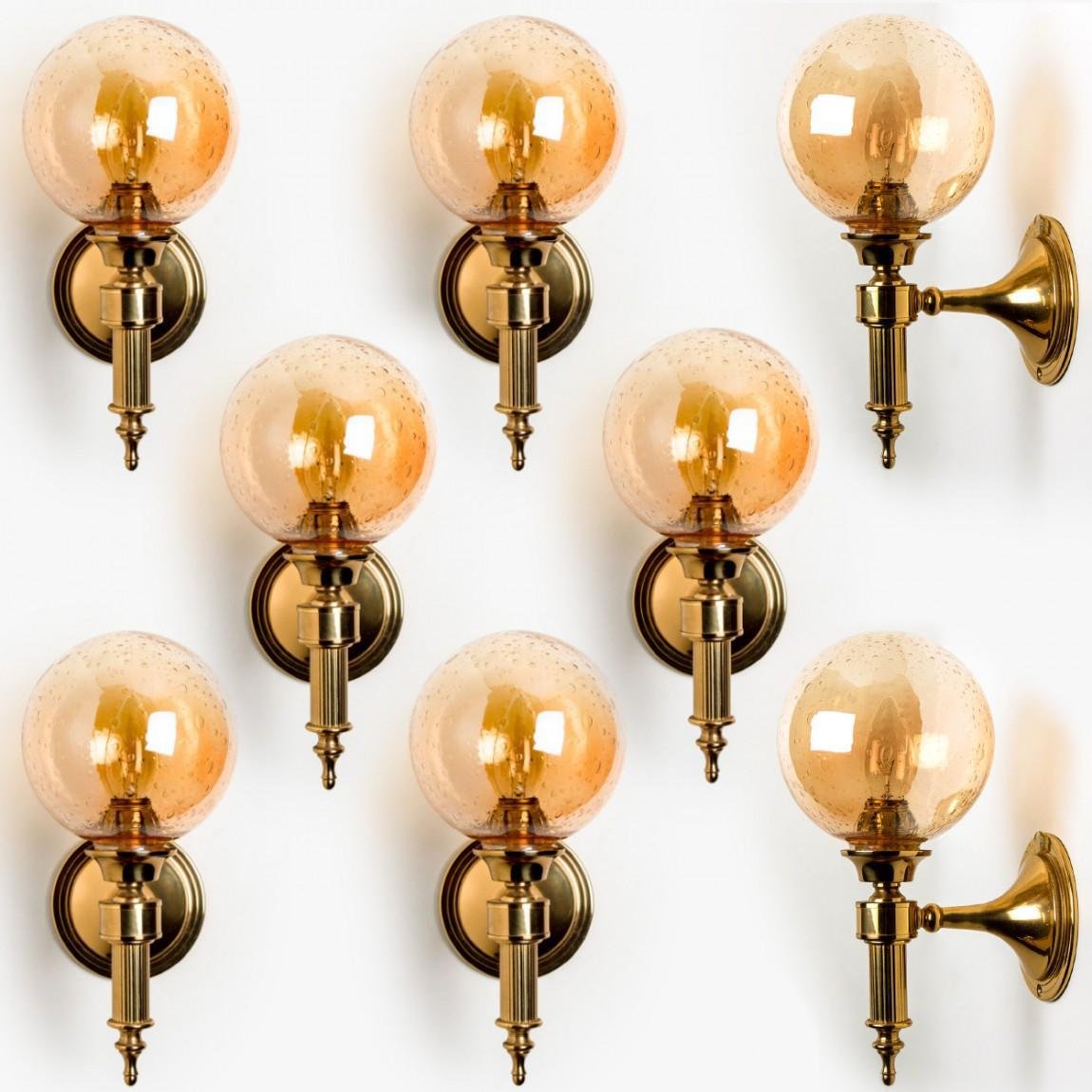 Amber Glass and Brass Wall Lamp in the style of Glashütte Limburg, 1975