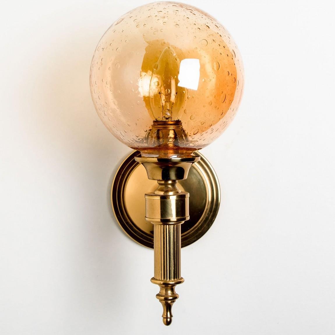 Amber Glass and Brass Wall Lamp in the style of Glashütte Limburg, 1975