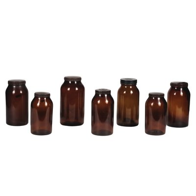 Amber Glass Jars with Hard Plastic Caps, 1960s, Set of 7-RAQ-486159