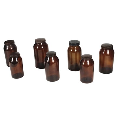 Amber Glass Jars with Hard Plastic Caps, 1960s, Set of 7-RAQ-486159