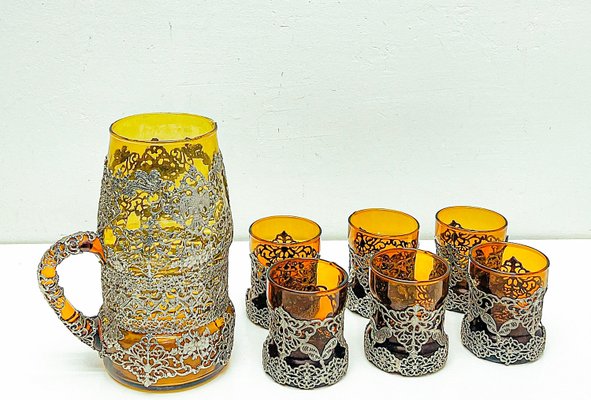 Amber Glass Jug with Matching Glasses and Metal Detailing attributed to Ioannina, Greece, 1960s, Set of 7-WZZ-2021725