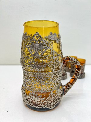 Amber Glass Jug with Matching Glasses and Metal Detailing attributed to Ioannina, Greece, 1960s, Set of 7-WZZ-2021725