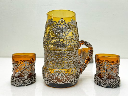 Amber Glass Jug with Matching Glasses and Metal Detailing attributed to Ioannina, Greece, 1960s, Set of 7-WZZ-2021725