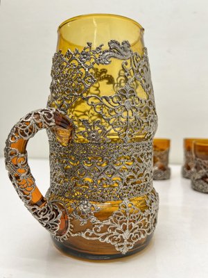 Amber Glass Jug with Matching Glasses and Metal Detailing attributed to Ioannina, Greece, 1960s, Set of 7-WZZ-2021725