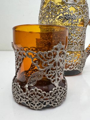 Amber Glass Jug with Matching Glasses and Metal Detailing attributed to Ioannina, Greece, 1960s, Set of 7-WZZ-2021725