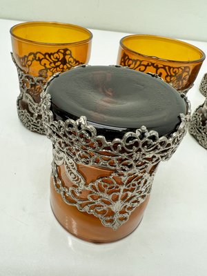 Amber Glass Jug with Matching Glasses and Metal Detailing attributed to Ioannina, Greece, 1960s, Set of 7-WZZ-2021725