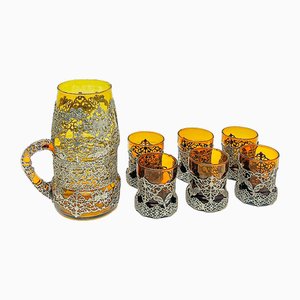 Amber Glass Jug with Matching Glasses and Metal Detailing attributed to Ioannina, Greece, 1960s, Set of 7-WZZ-2021725