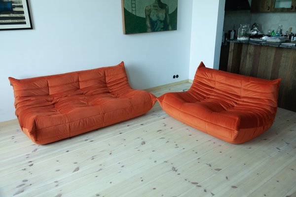 Amber Orange Velvet Togo 2- and 3-Seat Sofa Set by Michel Ducaroy for Ligne Roset, Set of 2-IXA-685974