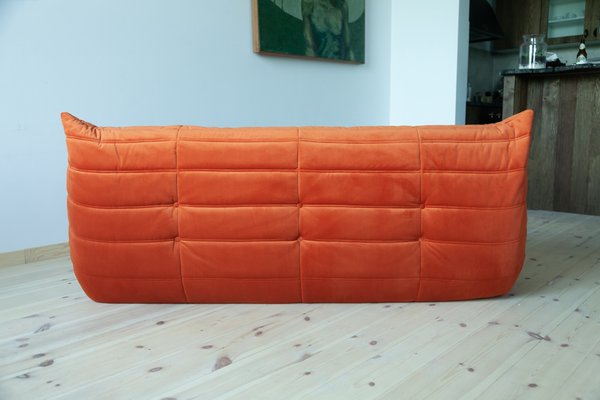 Amber Orange Velvet Togo 2- and 3-Seat Sofa Set by Michel Ducaroy for Ligne Roset, Set of 2-IXA-685974