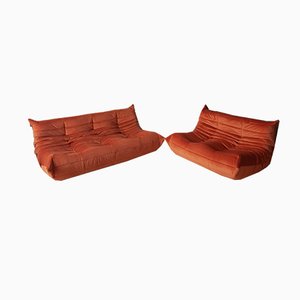 Amber Orange Velvet Togo 2- and 3-Seat Sofa Set by Michel Ducaroy for Ligne Roset, Set of 2-IXA-685974