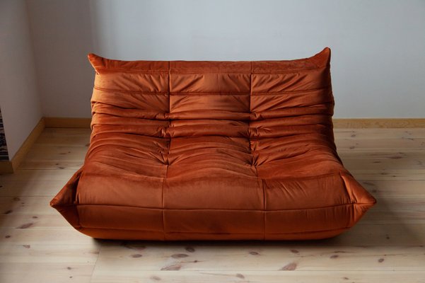 Amber Orange Velvet Togo 2-Seater Sofa by Michel Ducaroy for Ligne Roset-IXA-1798962