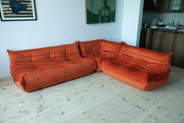 Amber Orange Velvet Togo Corner, 2- and 3-Seat Sofa by Michel Ducaroy for Ligne Roset, Set of 3-IXA-1100994