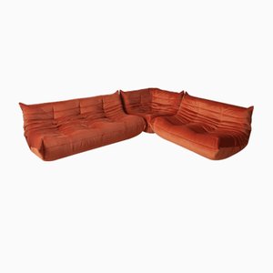 Amber Orange Velvet Togo Corner, 2- and 3-Seat Sofa by Michel Ducaroy for Ligne Roset, Set of 3-IXA-1100994