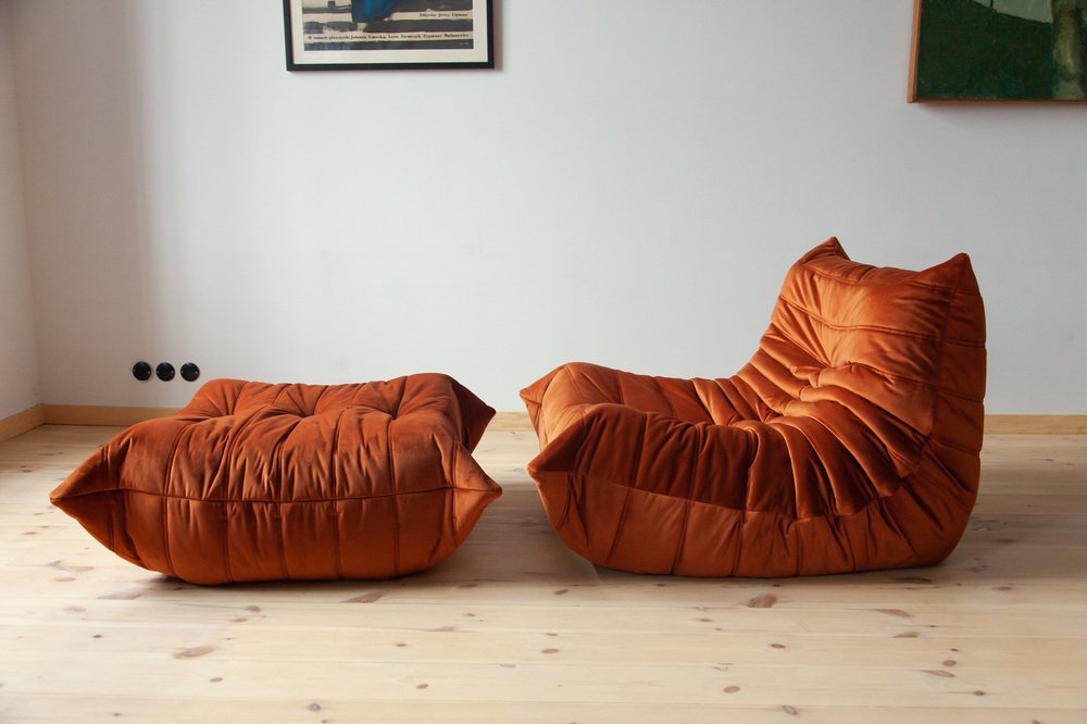 Amber Orange Velvet Togo Lounge Chair and Pouf by Michel Ducaroy for Ligne Roset, Set of 2