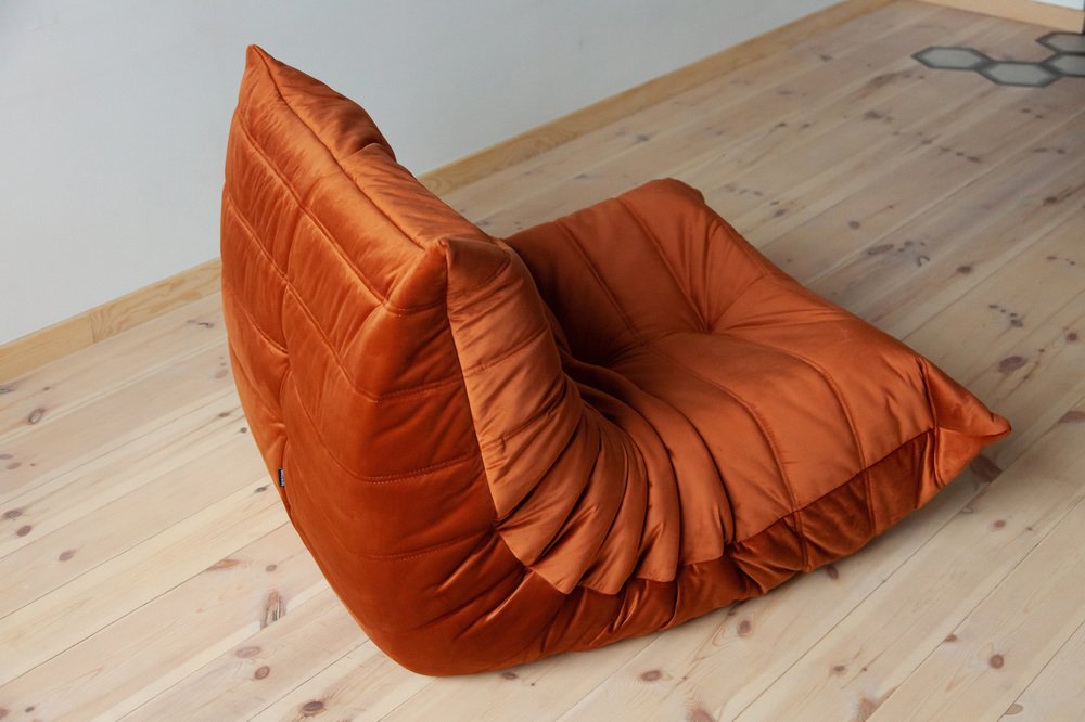 Amber Orange Velvet Togo Lounge Chair and Pouf by Michel Ducaroy for Ligne Roset, Set of 2