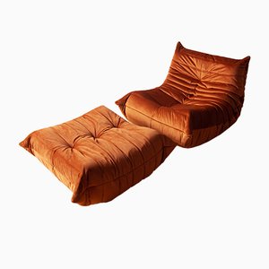 Amber Orange Velvet Togo Lounge Chair and Pouf by Michel Ducaroy for Ligne Roset, Set of 2-IXA-947615