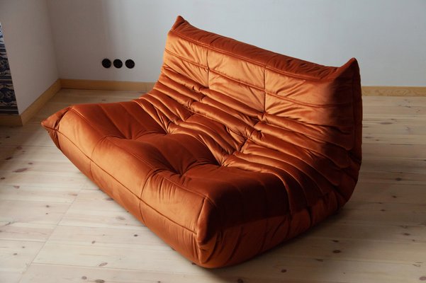 Amber Orange Velvet Togo Pouf and 2-Seat Sofa by Michel Ducaroy for Ligne Roset, Set of 2-IXA-1314876